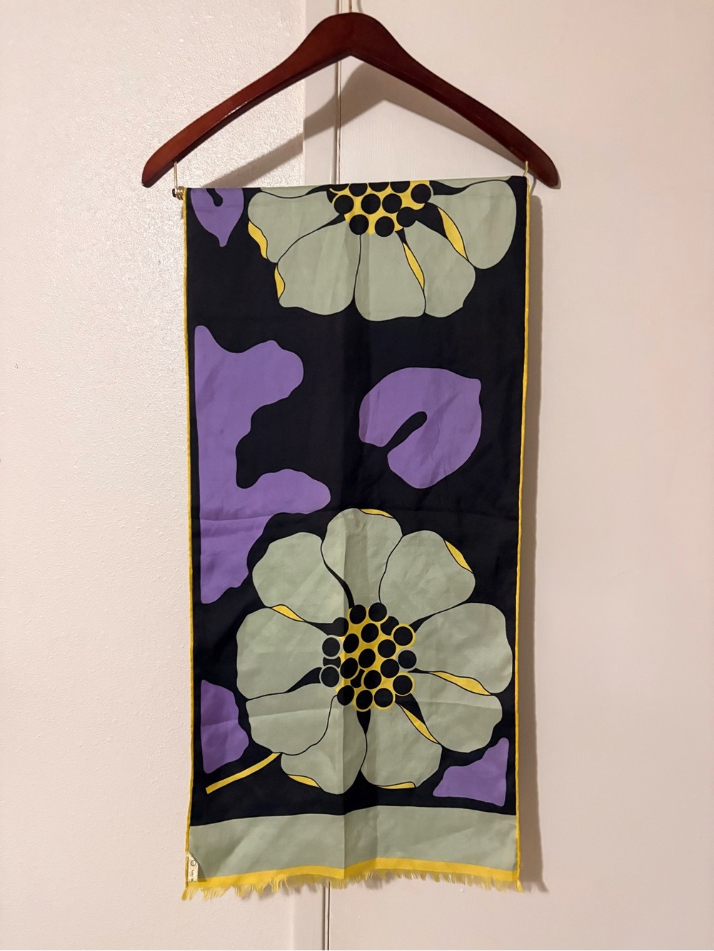 Black Floral Silk Scarf with Lavender and Sage Accents by Pierre Balmain